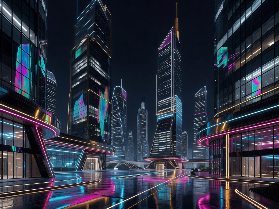 Luxury futuristic skyline at night with neon reflections and glass skyscrapers
