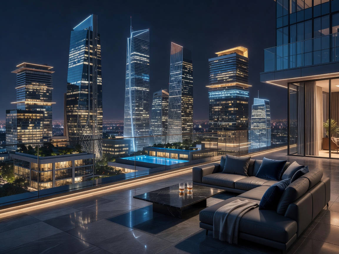Luxury rooftop overlooking the glowing modern city architecture