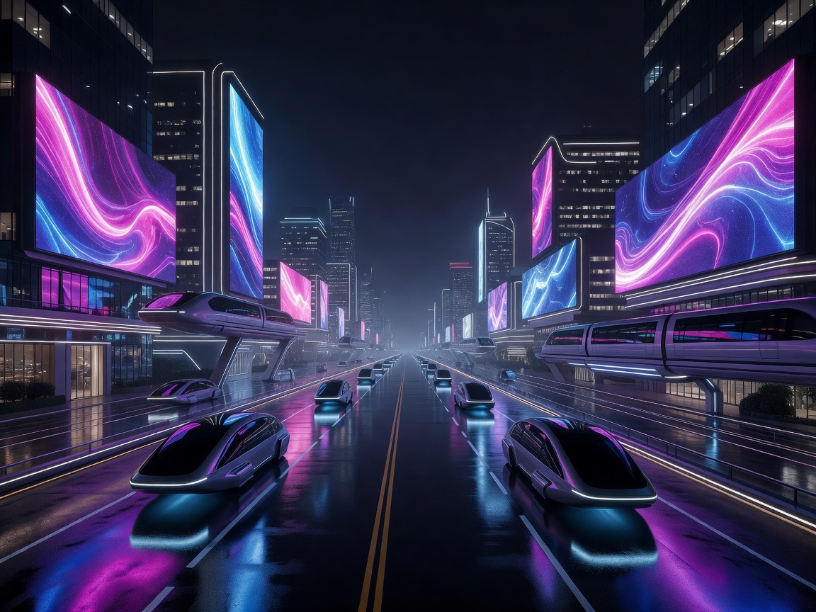 Night boulevard with modern transportation and luxury digital billboards