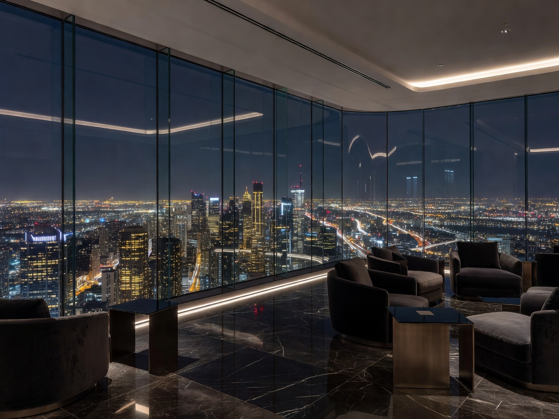 Observation deck inside a luxury skyscraper overlooking city lights