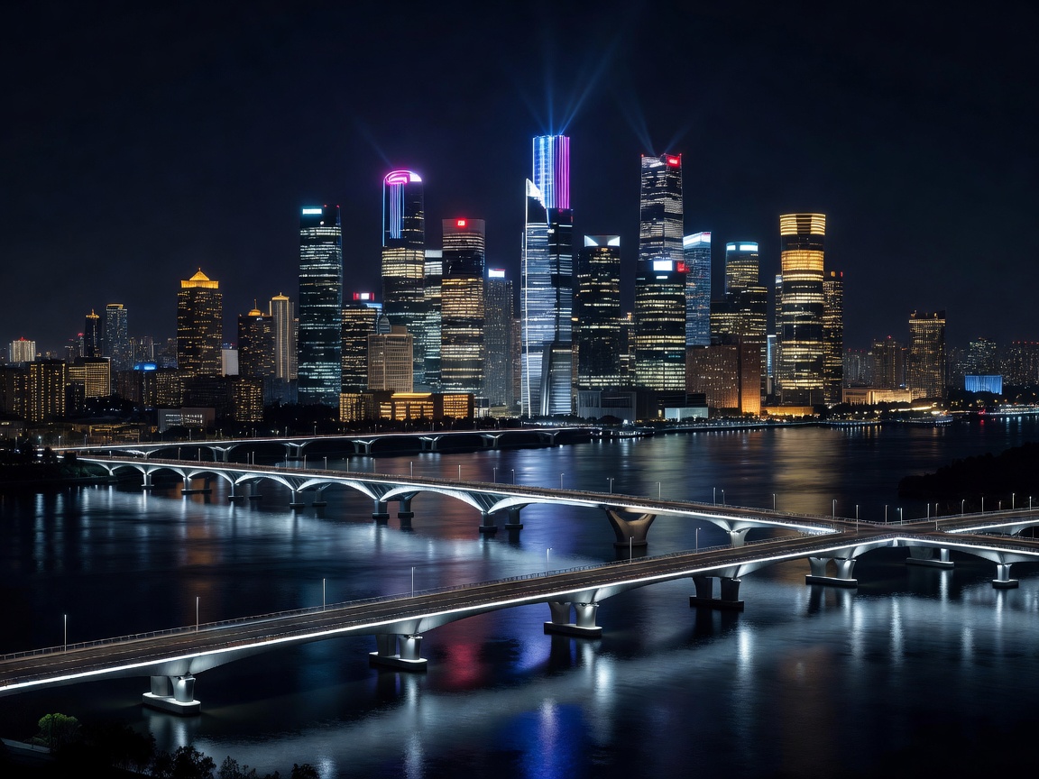 Panoramic city skyline at night with modern bridges and tower lights